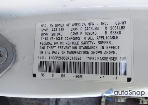 2008 Honda Accord 2.4 Ex-L z USA, uszkodzony, nr VIN 1HGCP26868A014624